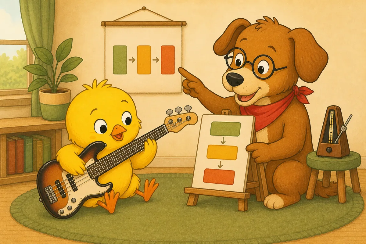 Pio holding a four-string bass while Dock-sensei explains a three-month roadmap