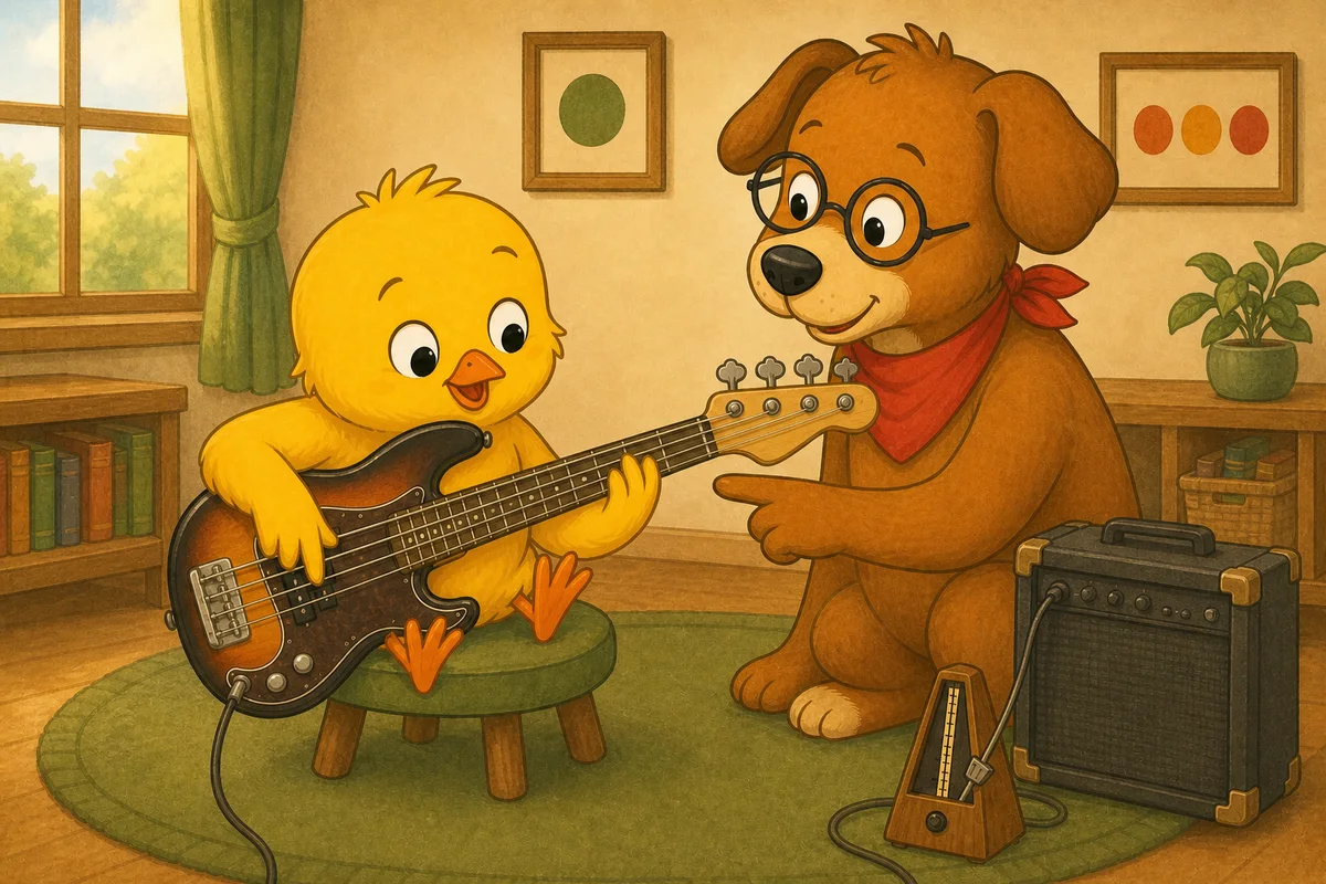 Pio alternates index and middle fingers on a four-string bass while Dock-sensei checks the motion