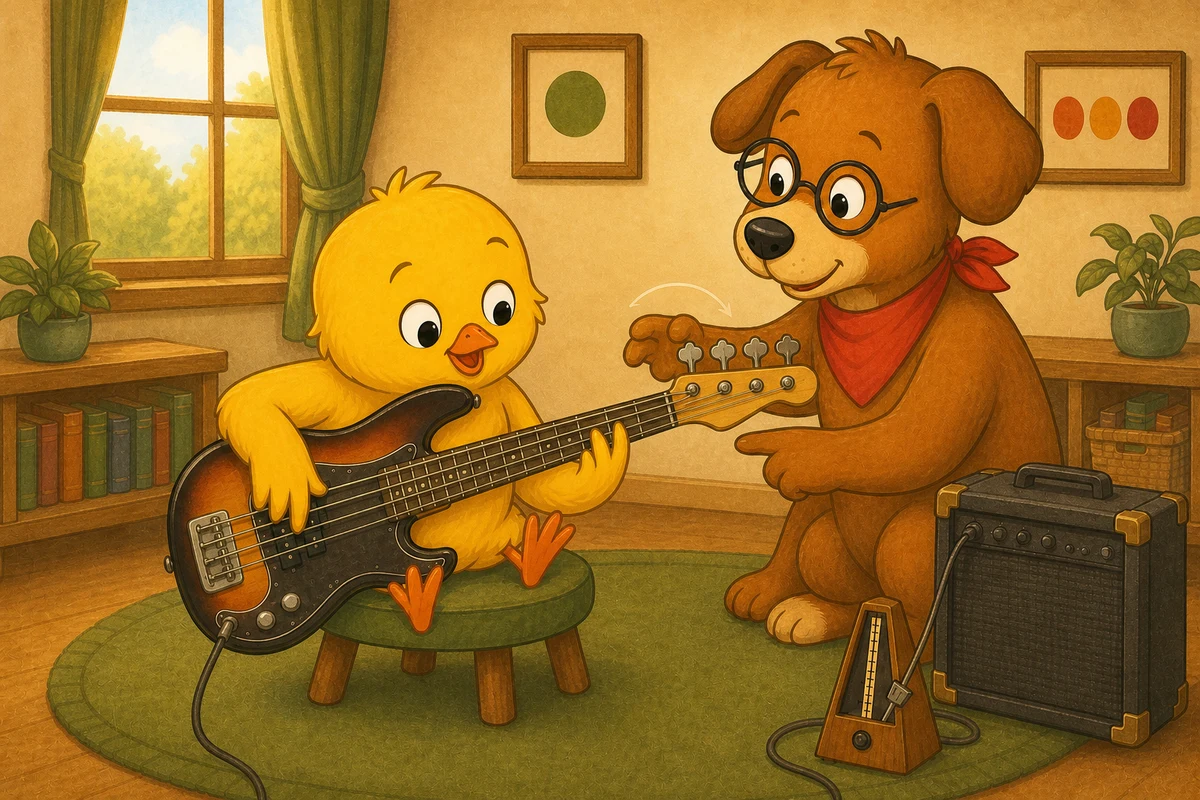 Pio shifts the whole fretting hand instead of straining the little finger on a four-string bass while Dock-sensei demonstrates