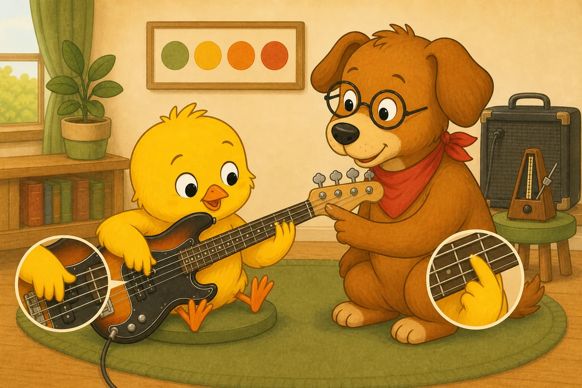 Pio muting unused strings on a four-string bass while Dock-sensei points out both hand positions