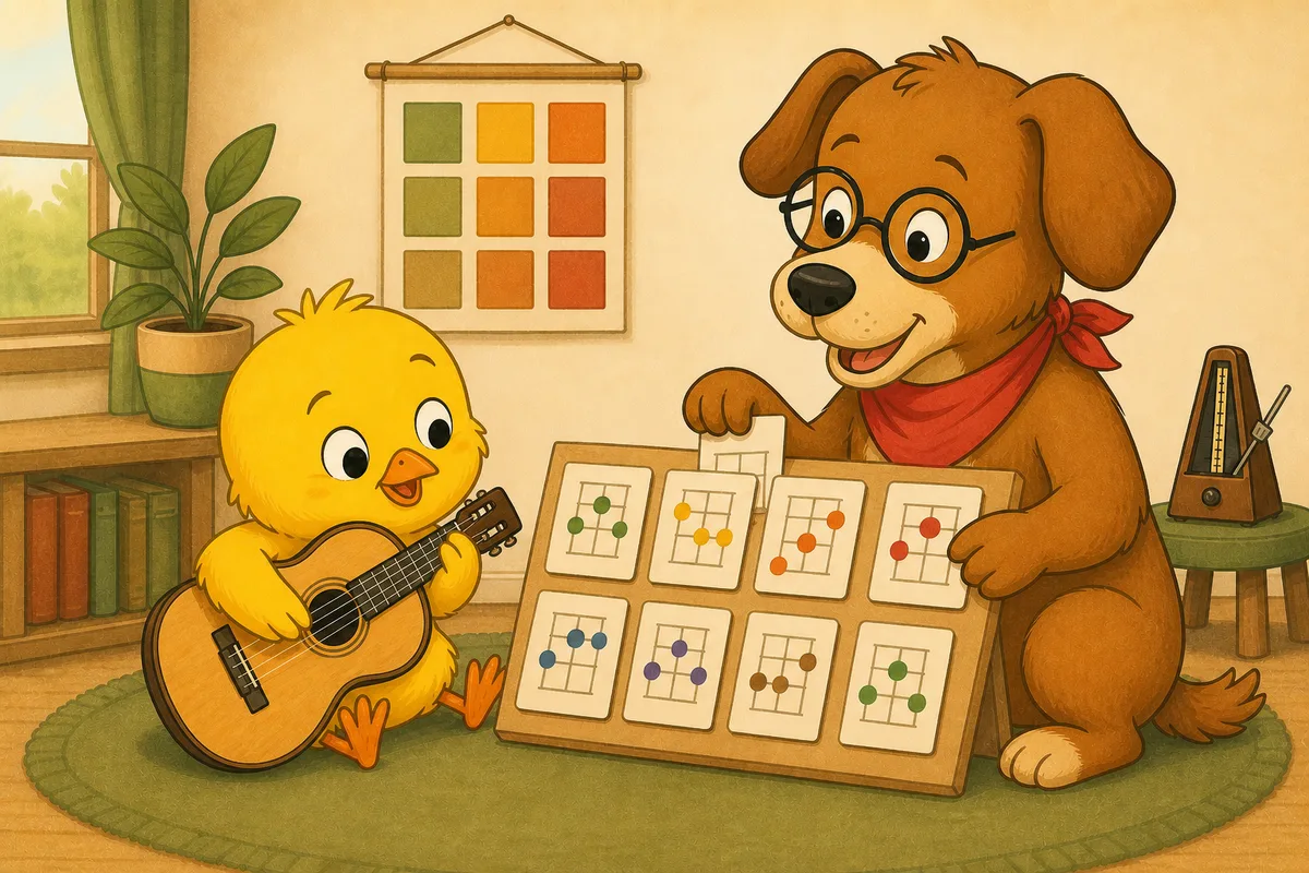 Pio and Dock-sensei learning eight beginner guitar chords
