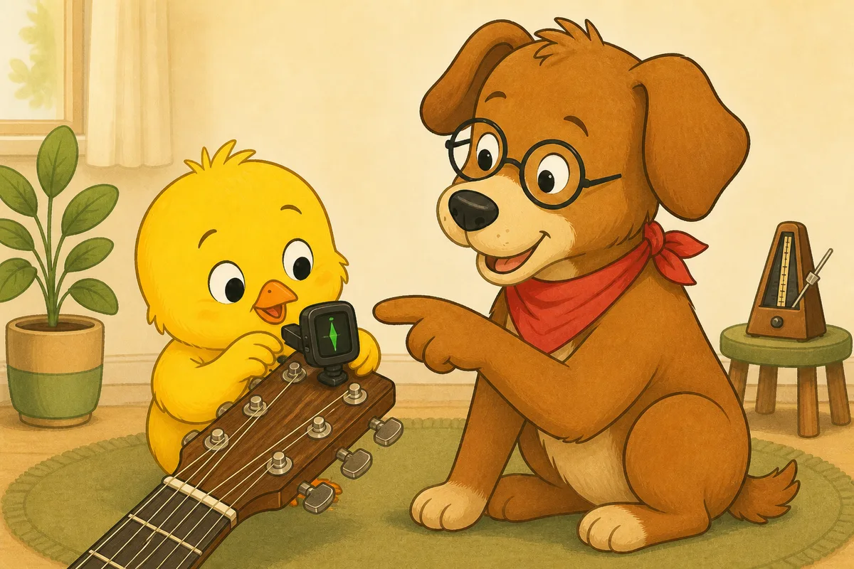 Pio and Dock-sensei checking a tuner clipped to a guitar headstock