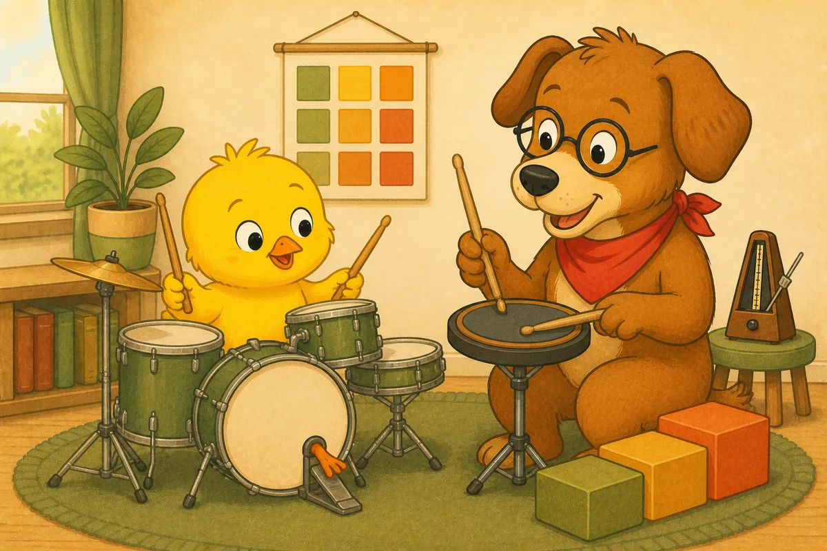 Pio and Dock-sensei learning the steps to a basic drum groove