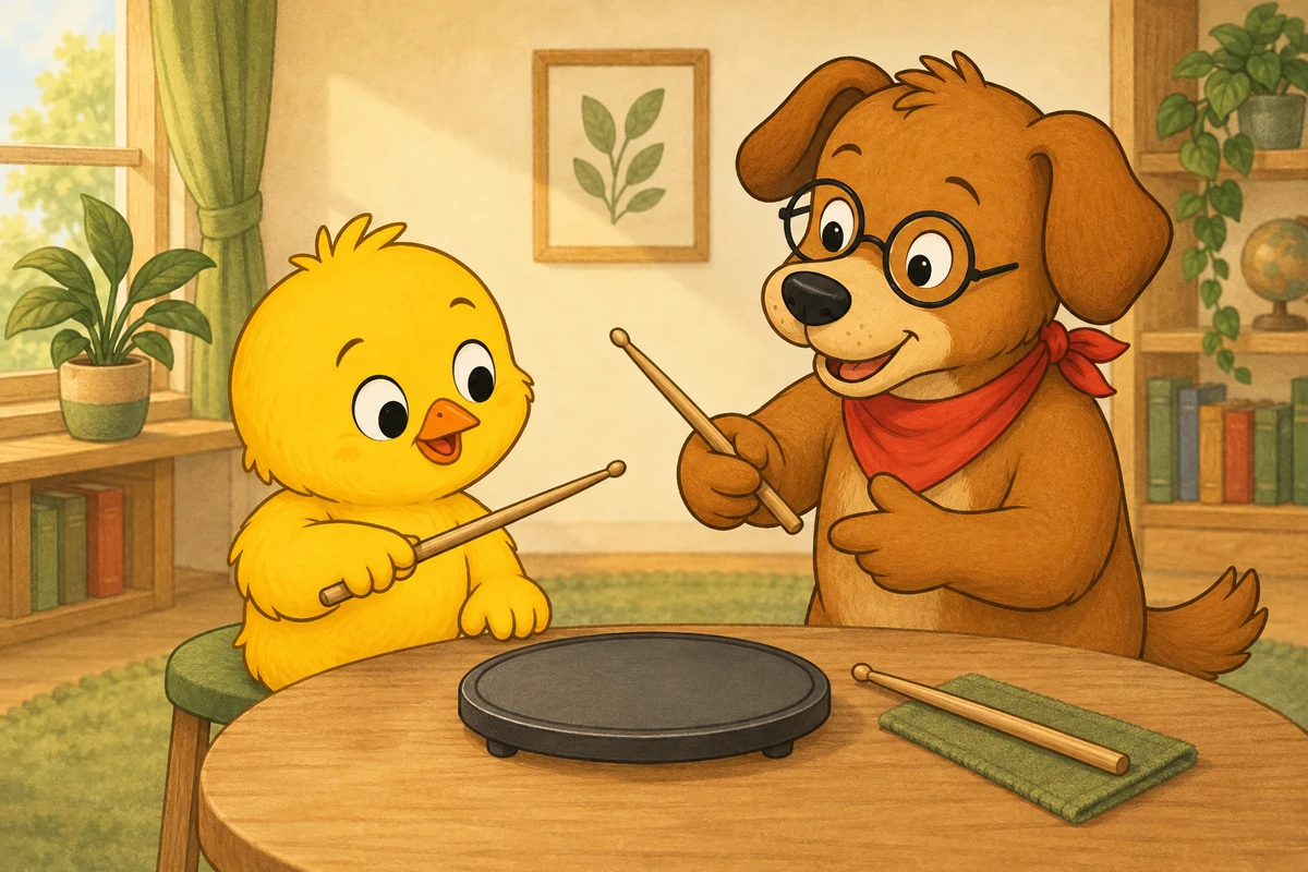 Pio checks a drumstick balance point and back-finger contact over a practice pad while Dock-sensei demonstrates