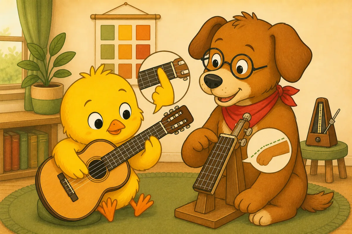 Pio and Dock-sensei practising the F barre chord