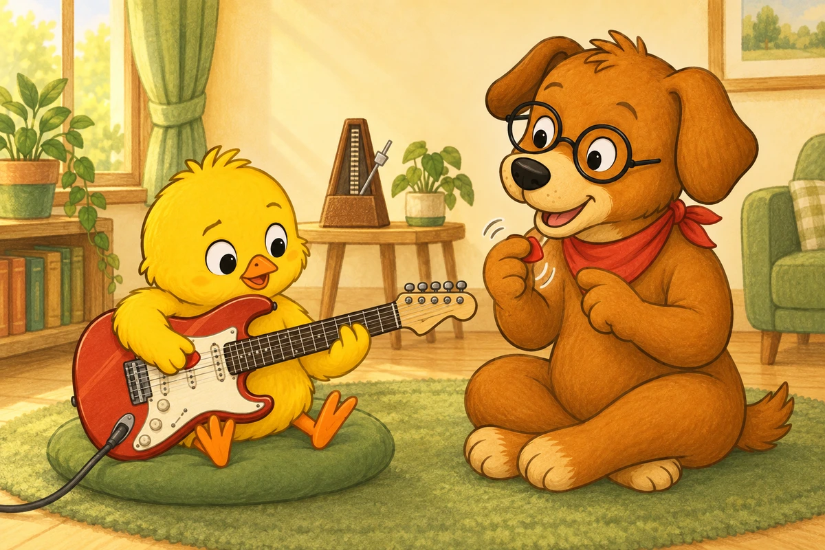 Pio alternate-picks the first string of an electric guitar while Dock-sensei demonstrates a small back-and-forth pick motion