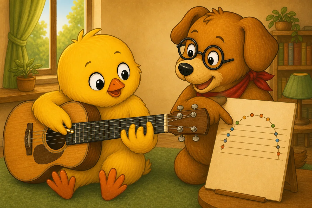 Pio keeps an open C chord held while plucking one string at a time as Dock-sensei shows the outward-and-back picking order