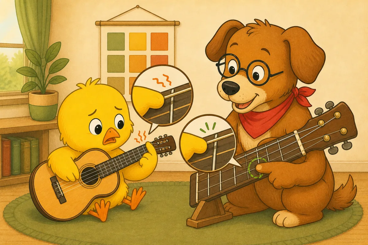 Pio and Dock-sensei diagnosing a buzzing guitar note