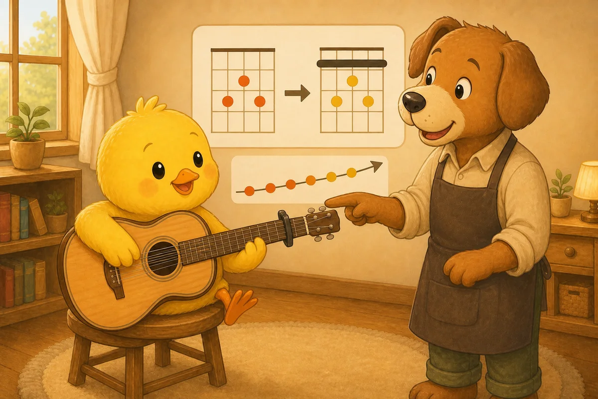 Pio holds a guitar with a capo at the second fret while Dock-sensei explains how a familiar chord shape moves to a higher sounding chord