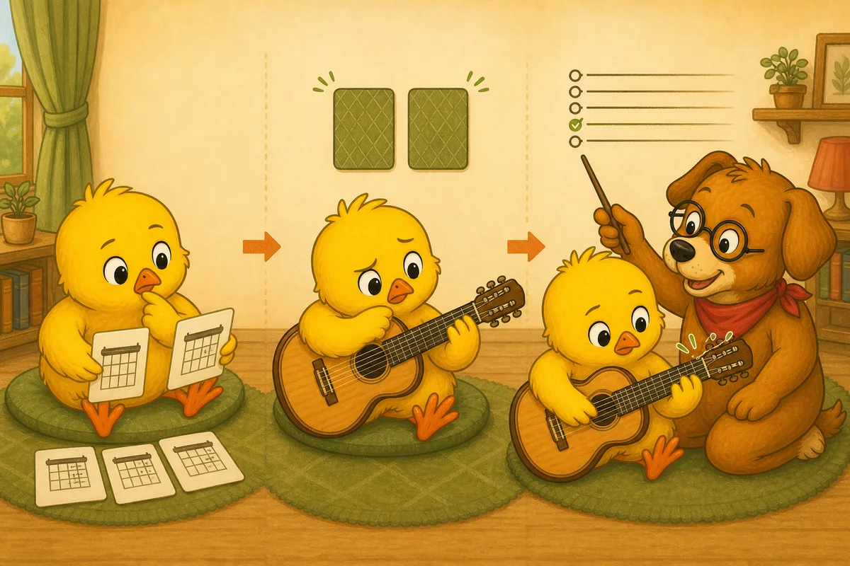 Pio chooses two chord cards, hides them to recall the shapes, and checks individual guitar strings with Dock-sensei