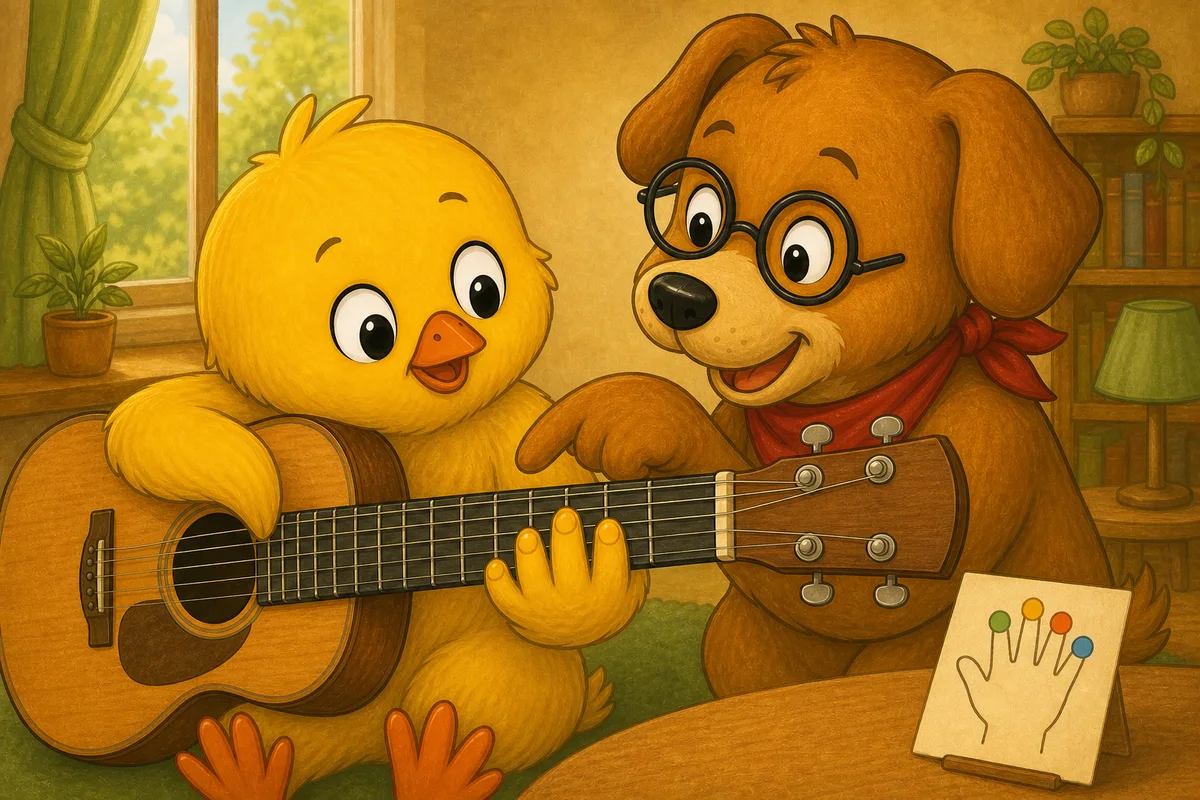 Pio lines up four fretting-hand fingers on a guitar while Dock-sensei explains the order from index to little finger