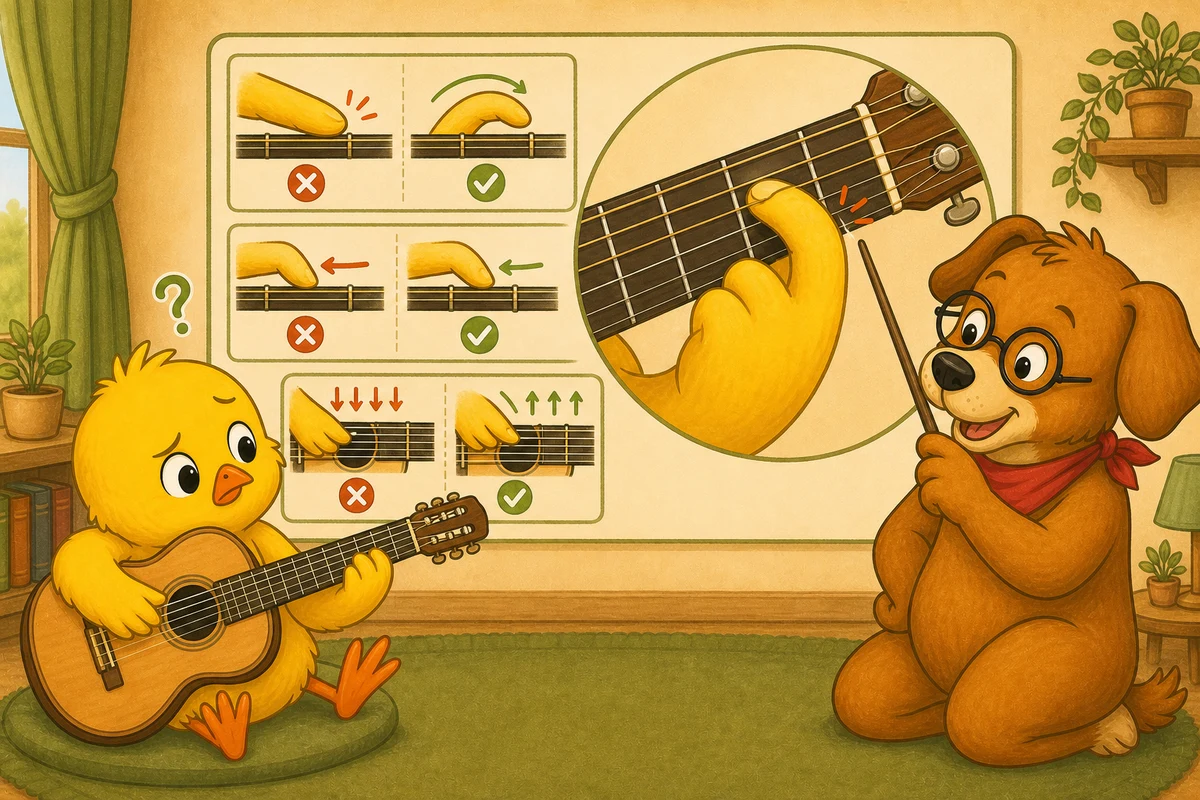 Pio and Dock-sensei showing fingertip angle, fret placement, and a one-string-at-a-time guitar chord check