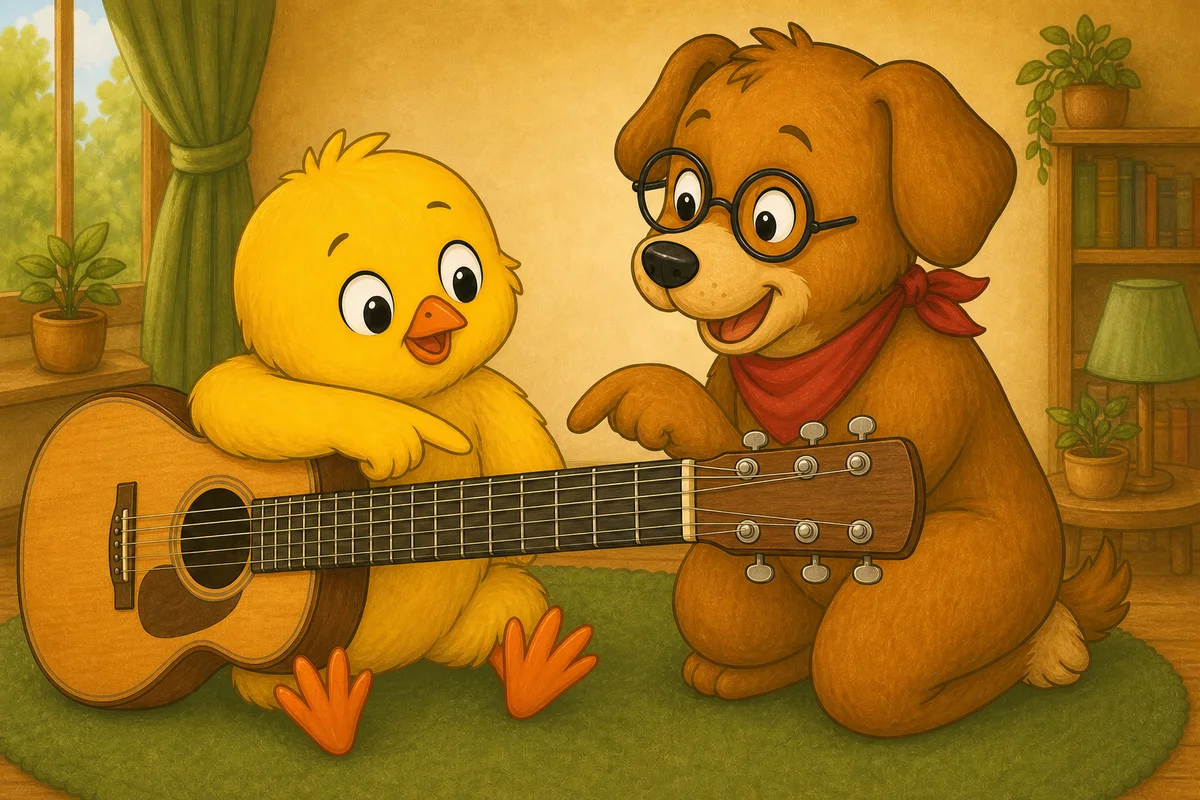 Pio points to the first fret spaces near a guitar nut while Dock-sensei explains the difference between a fret wire and its playing area