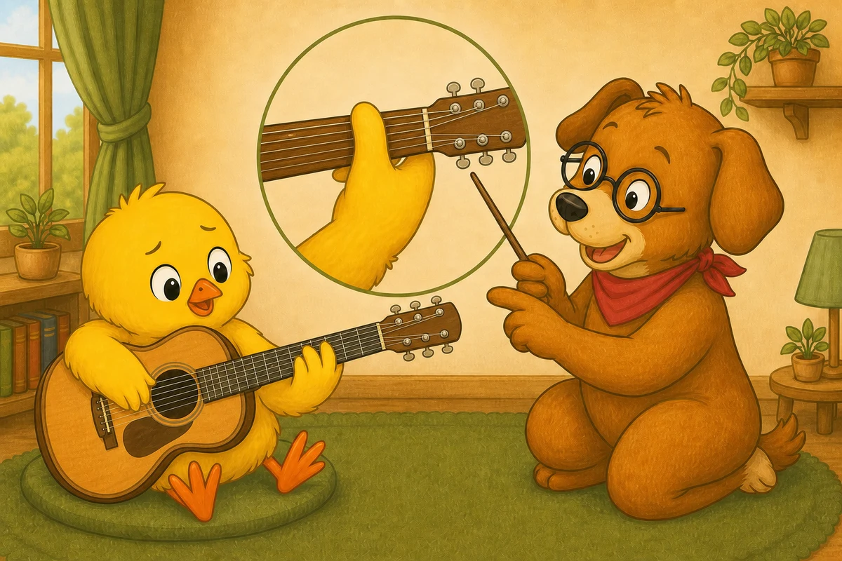 Pio lightly supports the back of a guitar neck with the thumb while Dock-sensei checks a relaxed wrist position