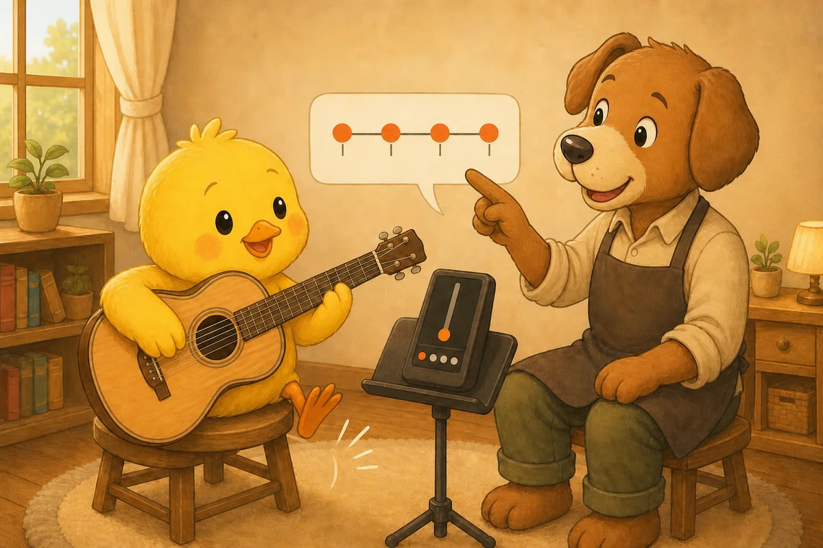 Pio listens to a metronome and taps the beat while Dock-sensei explains four evenly spaced pulses