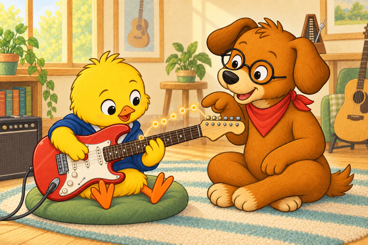 An illustration of Pio playing a red electric guitar while Dock-sensei points to glowing notes above the fretboard