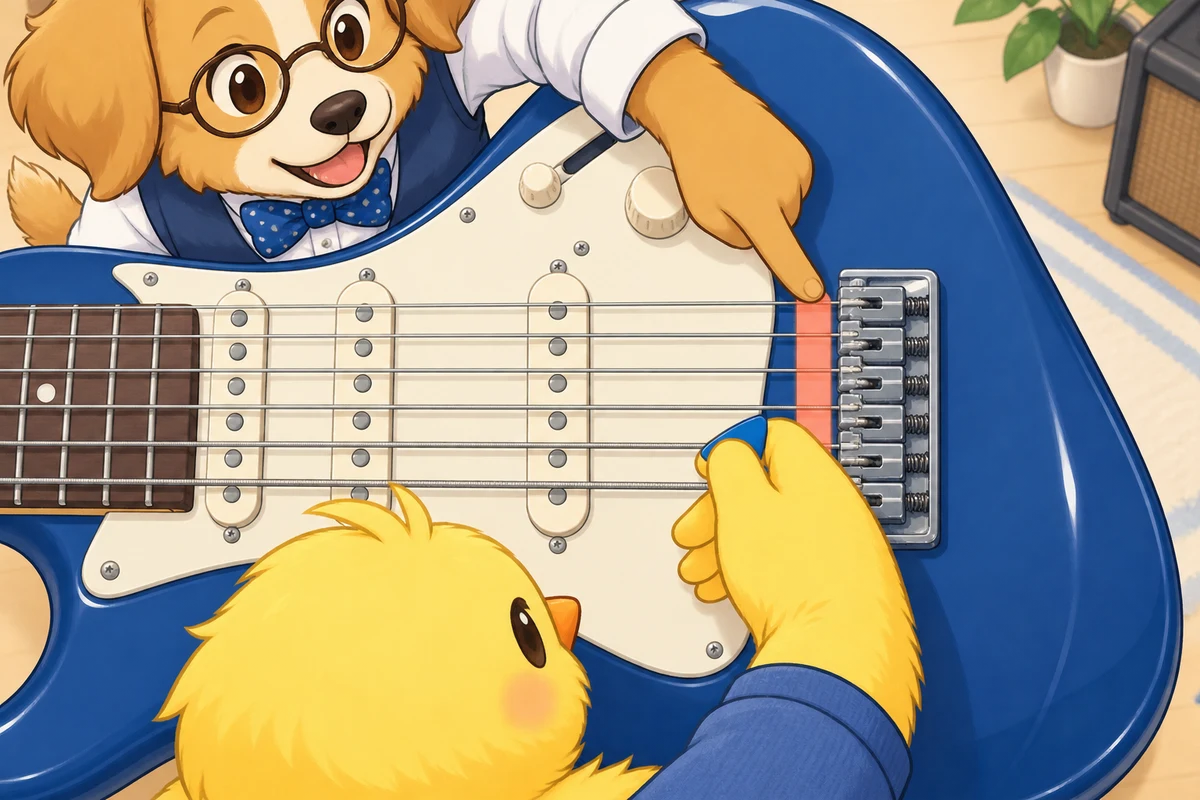 Pio lightly rests the little-finger side of the picking hand on the strings by the guitar bridge while Dock-sensei points to the contact zone