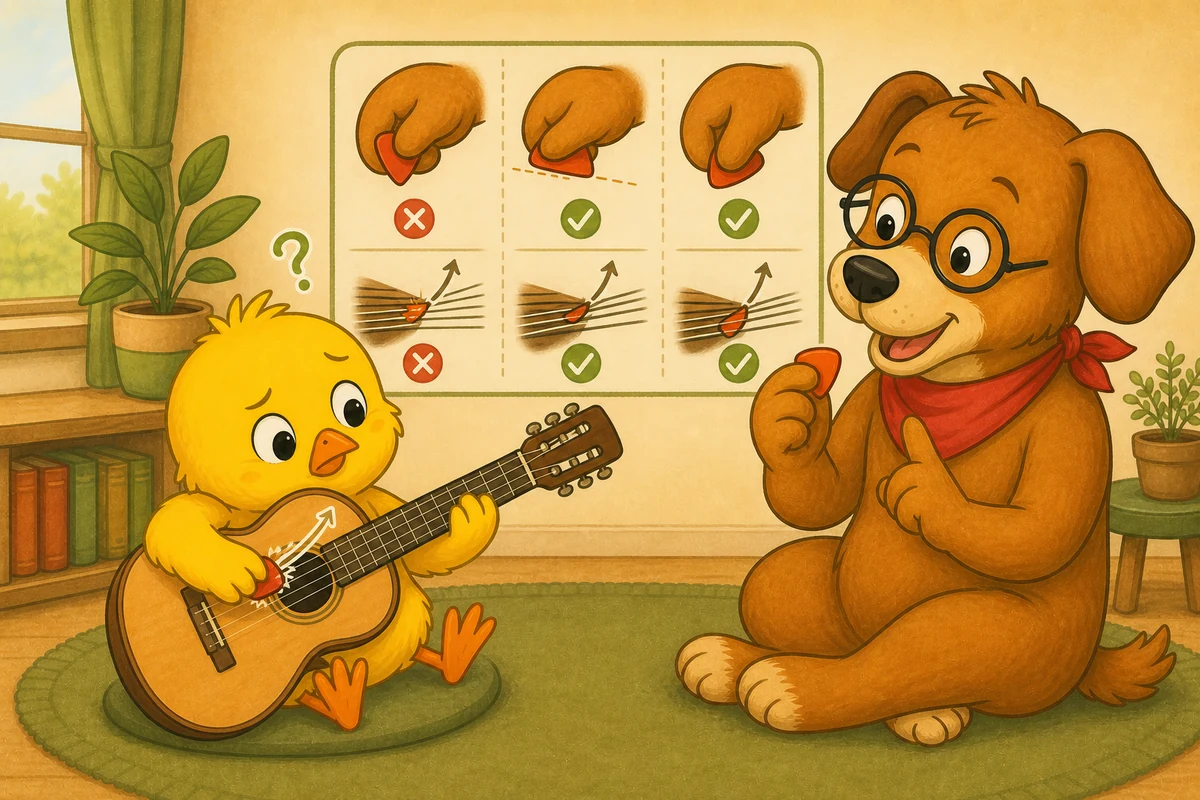Pio and Dock-sensei explaining grip, angle, and shallow contact when a guitar pick catches on the strings