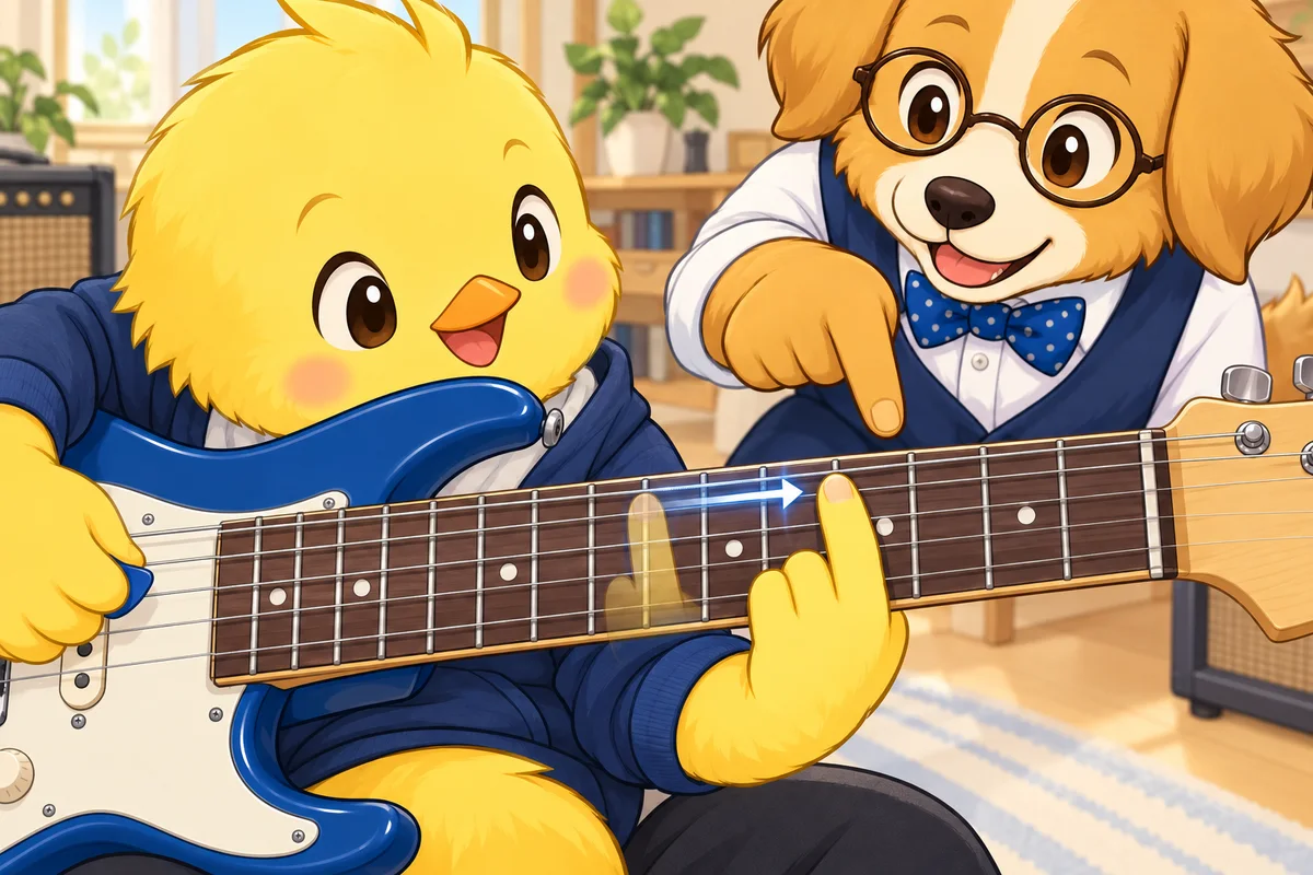 Pio moves one fingertip from fret five to fret seven on the same string while Dock-sensei points to the landing spot