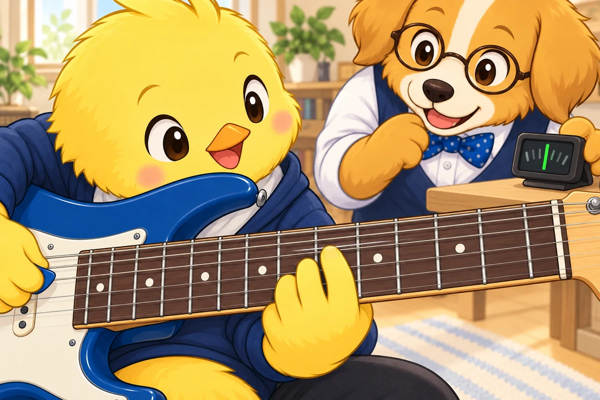 Pio supports a ring-finger half-step bend at string two, fret eight while Dock-sensei points to the reference pitch