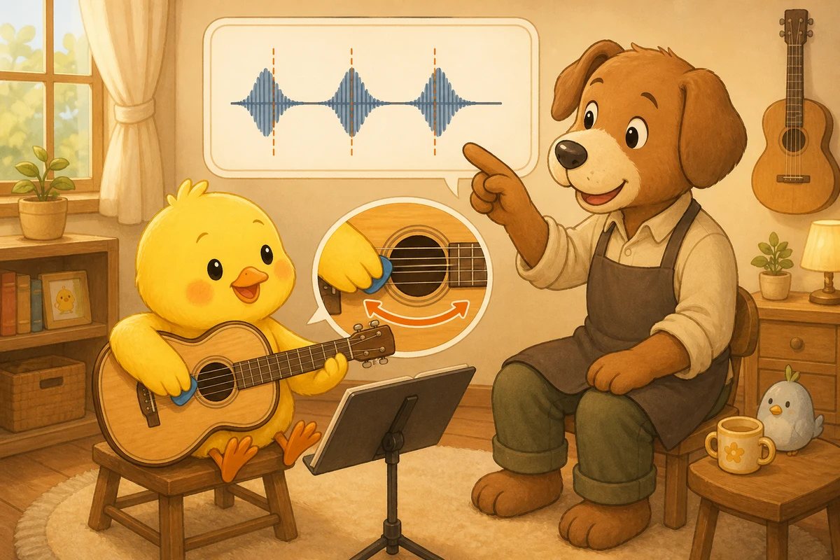 Pio practises small guitar strokes while Dock-sensei explains even sound waves and shallow pick contact