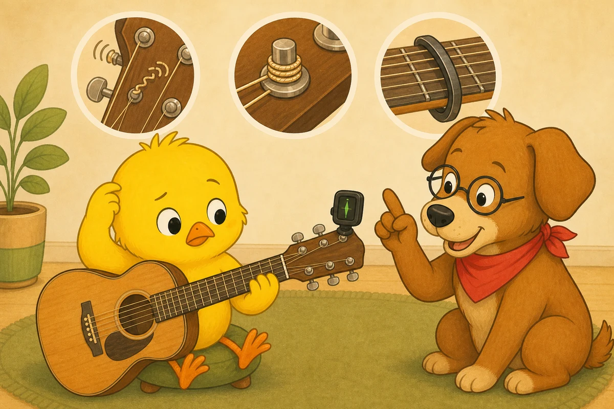 Pio and Dock-sensei check new guitar strings, tuning-post winding, and capo placement as causes of tuning drift