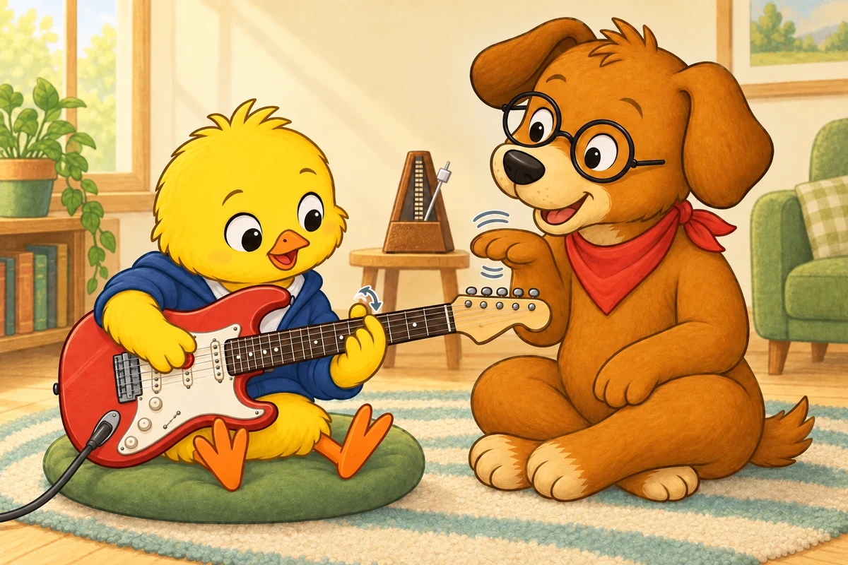 Pio practises a small vibrato at the eighth fret of the second string while Dock-sensei demonstrates returning to the original pitch