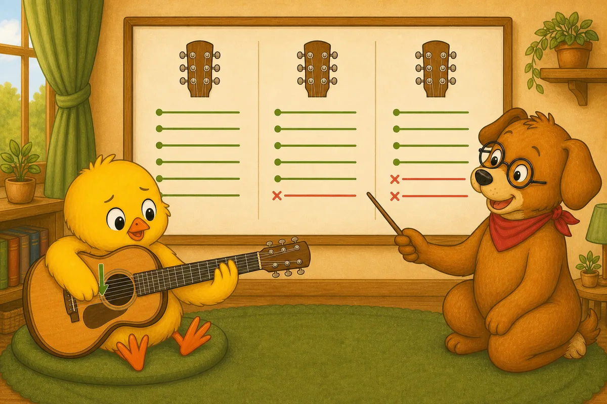 Pio begins a guitar strum on string five while Dock-sensei explains six-string, five-string, and four-string ranges on a board