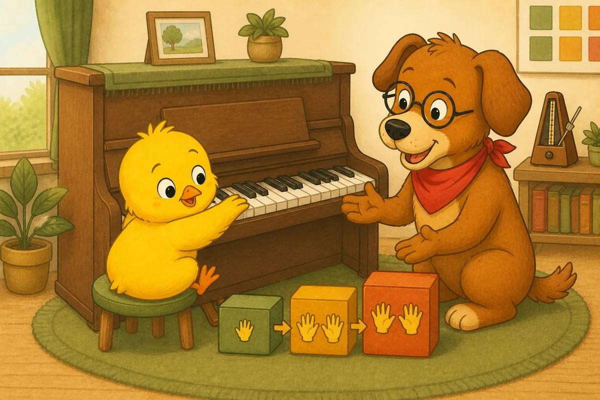 Pio and Dock-sensei planning beginner steps at a piano