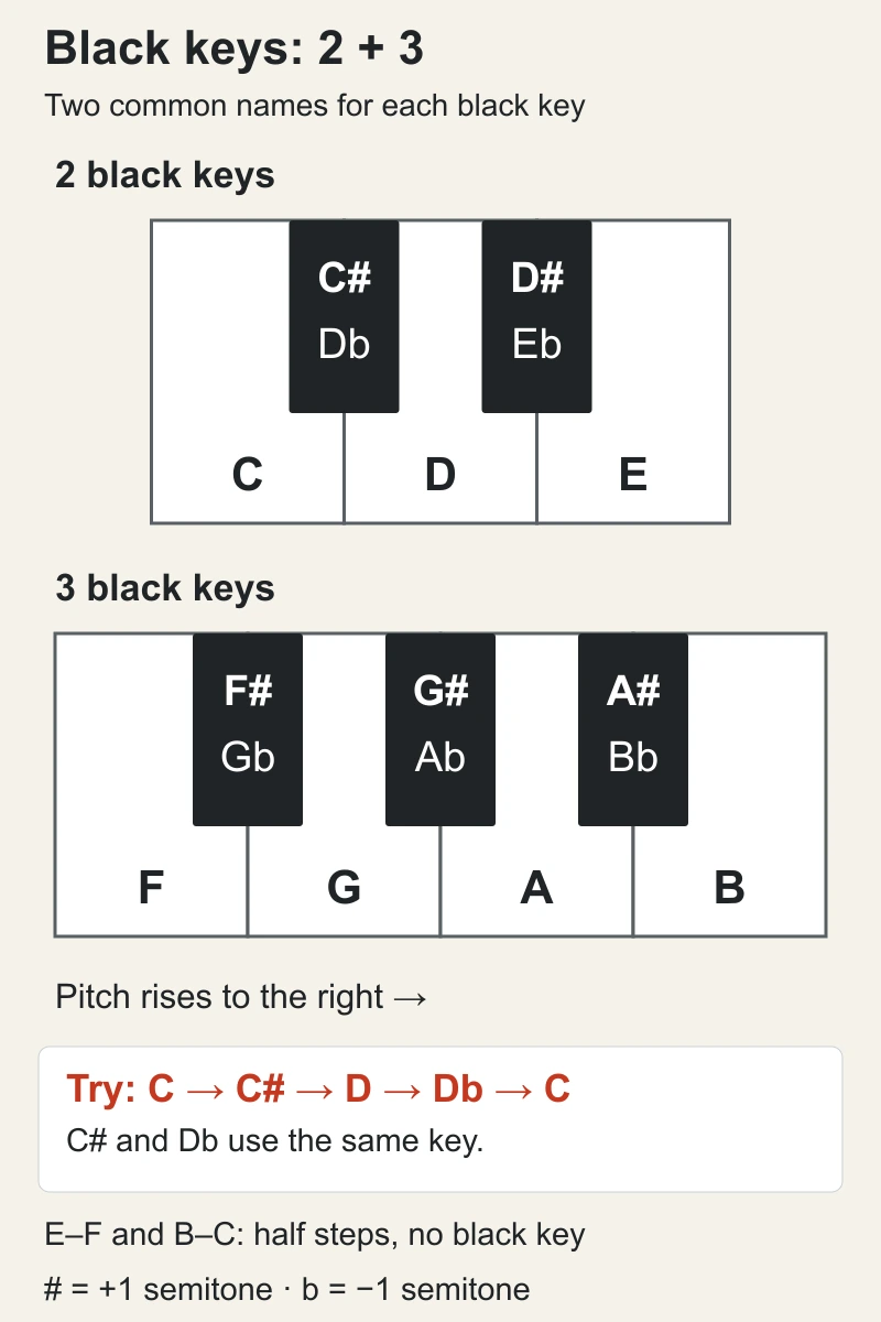 Enlarged black-key groups: C♯/D♭ and D♯/E♭ above CDE; F♯/G♭, G♯/A♭ and A♯/B♭ above FGAB on a separate row. Pitch rises to the right. E–F and B–C are half steps without an intervening black key