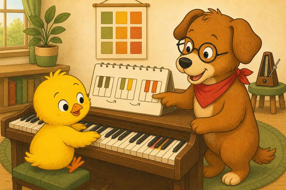 Pio and Dock-sensei practising C, F, and G piano chords