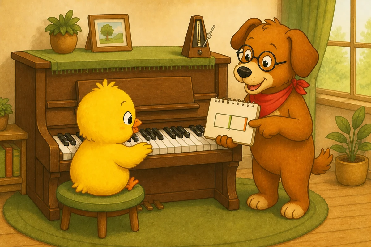 Pio coordinating right- and left-hand piano practice with Dock-sensei