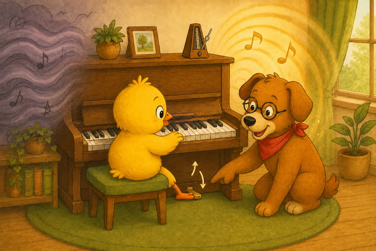Pio changes from C to F on a piano while refreshing the right sustain pedal as Dock-sensei demonstrates the play-lift-press order