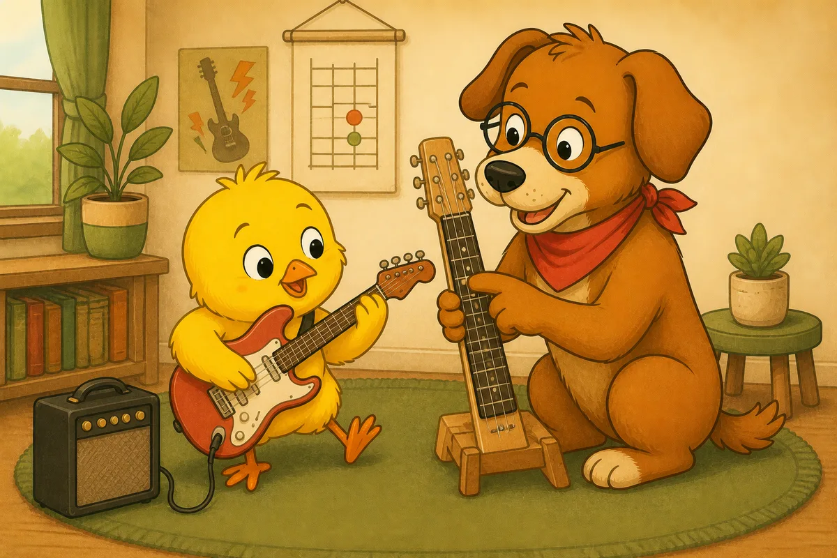Pio and Dock-sensei practising electric-guitar power chords
