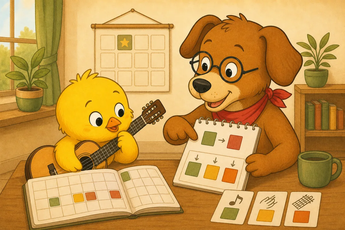 Pio and Dock-sensei reviewing a guitar practice plateau