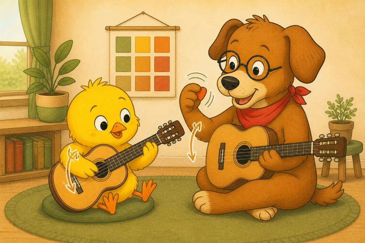 Pio and Dock-sensei practising down and up strumming