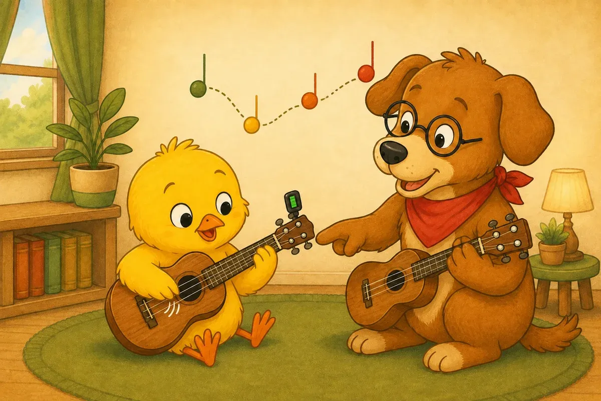 Pio checks the high-G fourth string with a tuner while Dock-sensei shows a re-entrant pitch path that rises before the other open strings