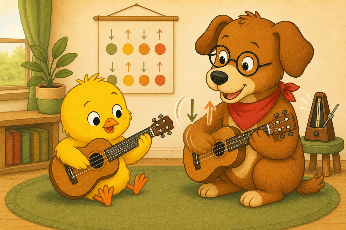Dock-sensei showing Pio relaxed down-up ukulele strumming